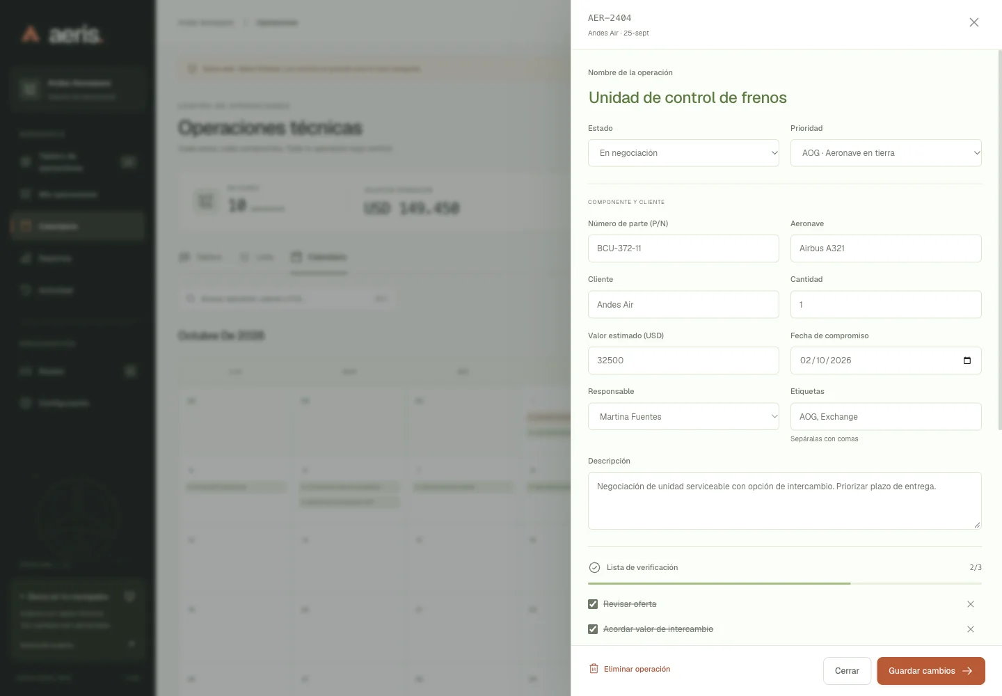 Ficha real de una operación de AERIS; datos ficticios