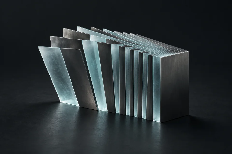Escultura conceptual de planos de grafito y vidrio que convergen en una estructura común.