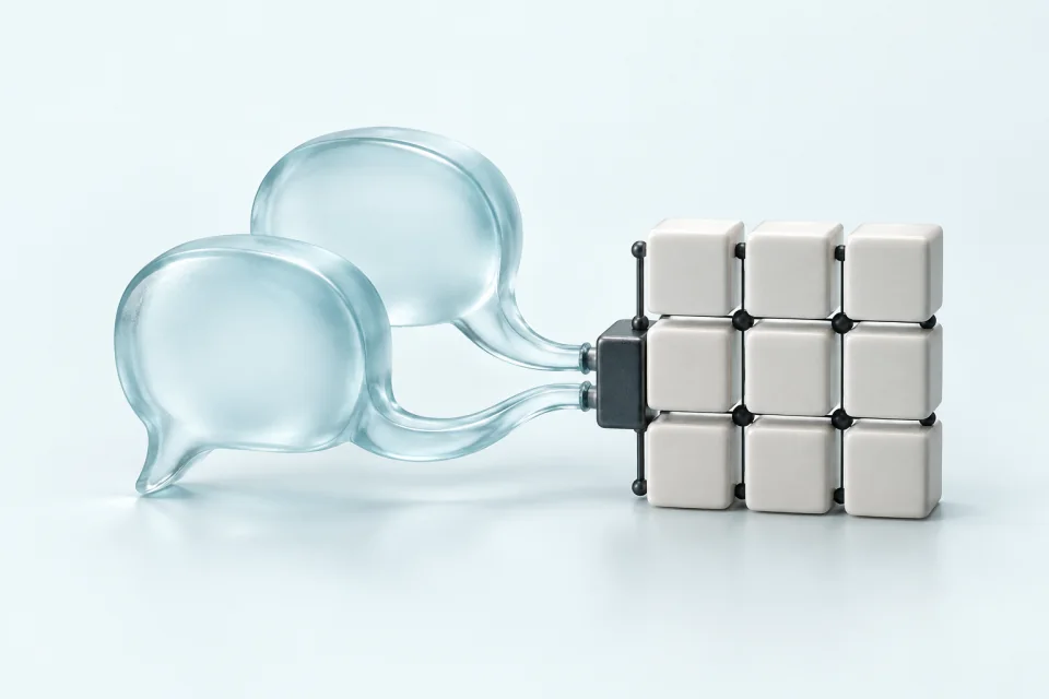 Escultura conceptual de formas de conversación en vidrio junto a una retícula de agenda.