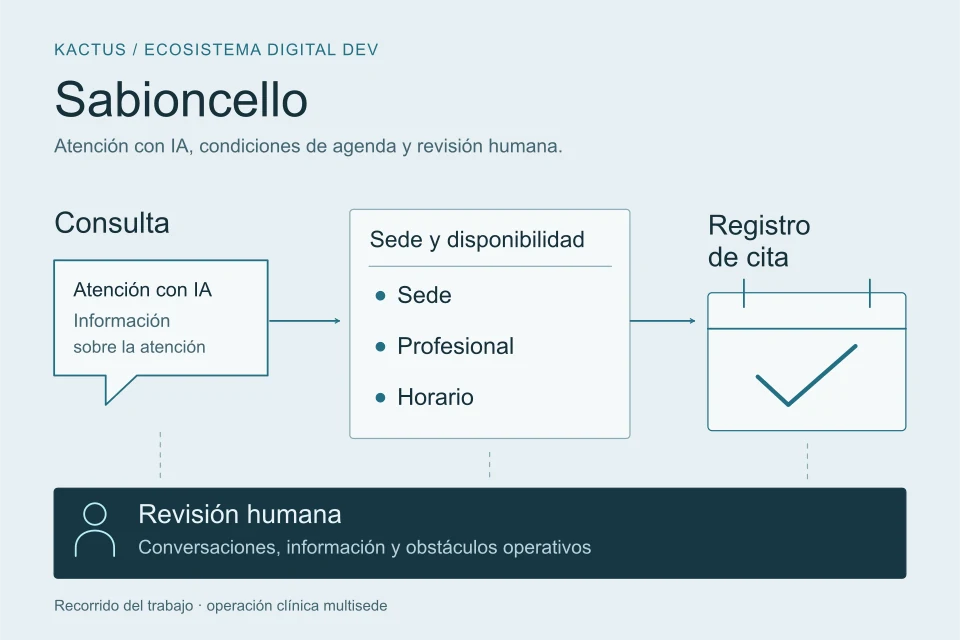 Esquema del trabajo de Kactus en Sabioncello: consulta atendida con IA, condiciones de sede, profesional y horario, registro de cita y revisión humana de conversaciones y obstáculos operativos.