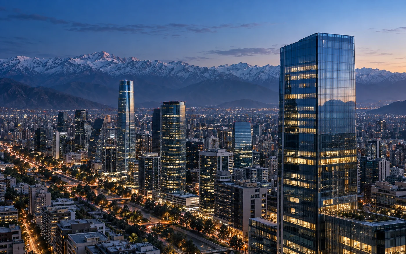 Ilustración editorial generada con IA de Santiago y la cordillera al atardecer, como contexto de la actividad empresarial chilena